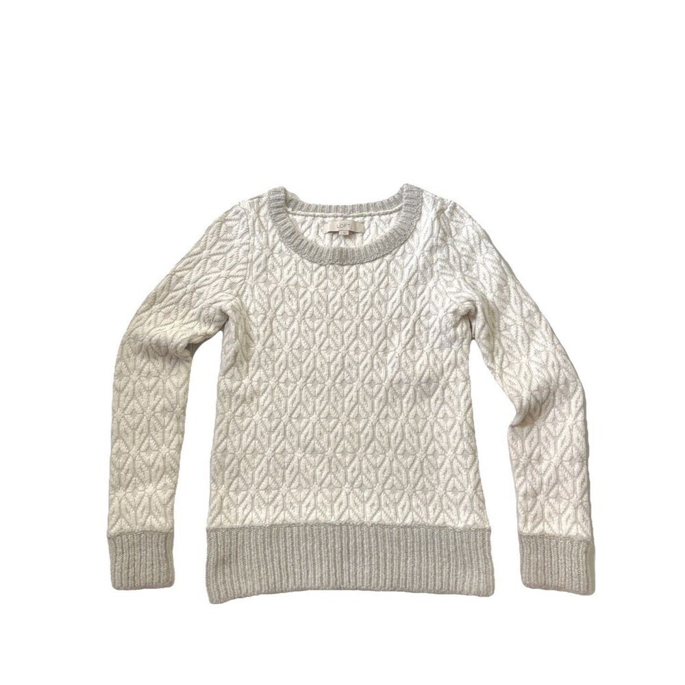 LOFT Womens Textured Diamond Knit Sweater S  Nylon Mohair Wool Blend White Gray